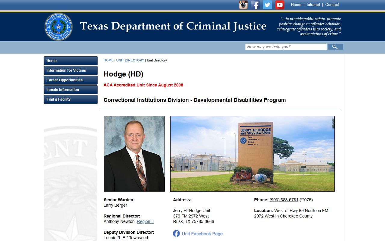 Jerry H. Hodge Unit inmate search and TDCJ facility records